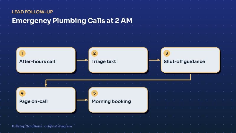 Diagram for "Emergency Plumbing Calls at 2 AM: Automating After-Hours Triage and Dispatch": After-hours call, then Triage text, then Shut-off guidance, then Page on-call, then Morning booking