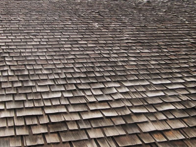 Close-up of a weathered shingle roof